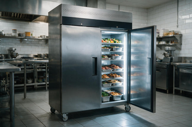 Large stainless steel upright commercial fridge with one door open showing gastronorm pans of prepped food