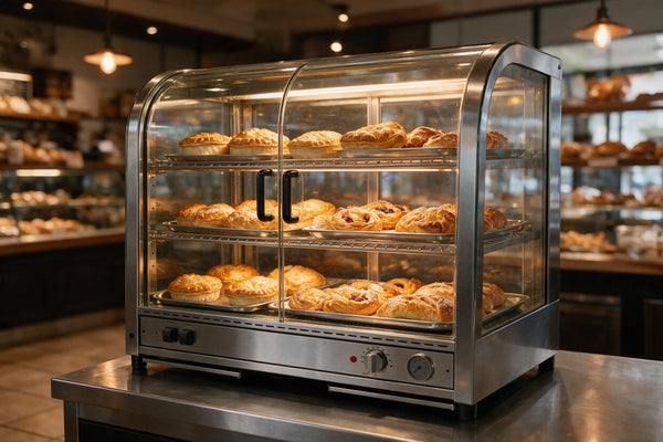 Heated glass pie and food display cabinet on a bakery counter loaded with pies and pastries