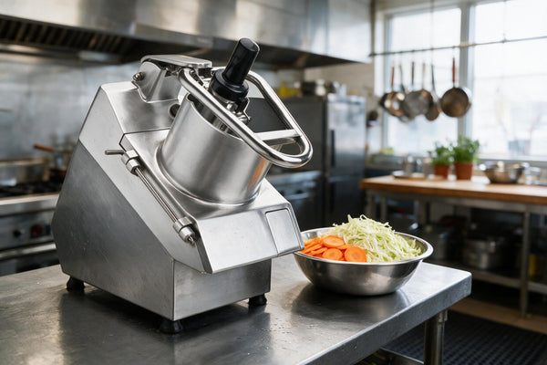 Stainless steel commercial vegetable cutter on a prep bench beside a bowl of sliced carrots and shredded cabbage