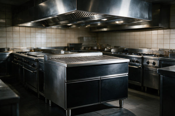Commercial kitchen cooking line with grill, ranges and a stainless extraction canopy overhead