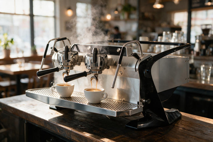 Two group commercial espresso machine on a cafe bar pouring two shots into white cups