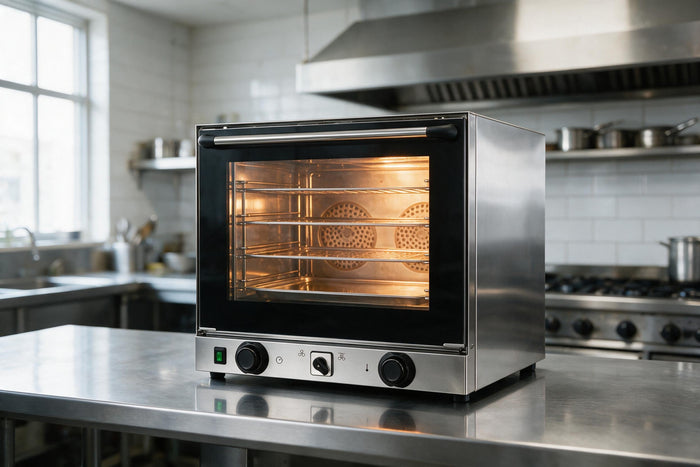 Newly installed stainless steel commercial convection oven on a bench with its interior light on