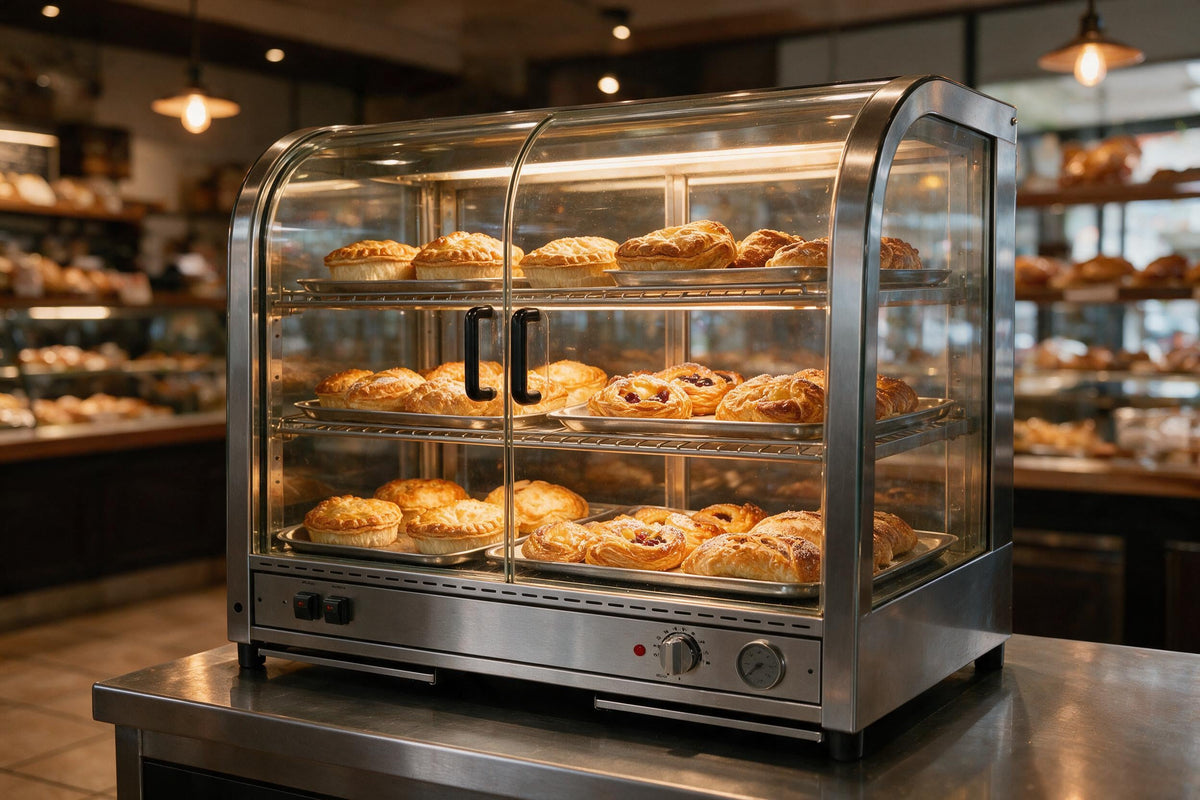 Heated glass pie and food display cabinet on a bakery counter loaded with pies and pastries