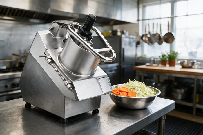 Stainless steel commercial vegetable cutter on a prep bench beside a bowl of sliced carrots and shredded cabbage