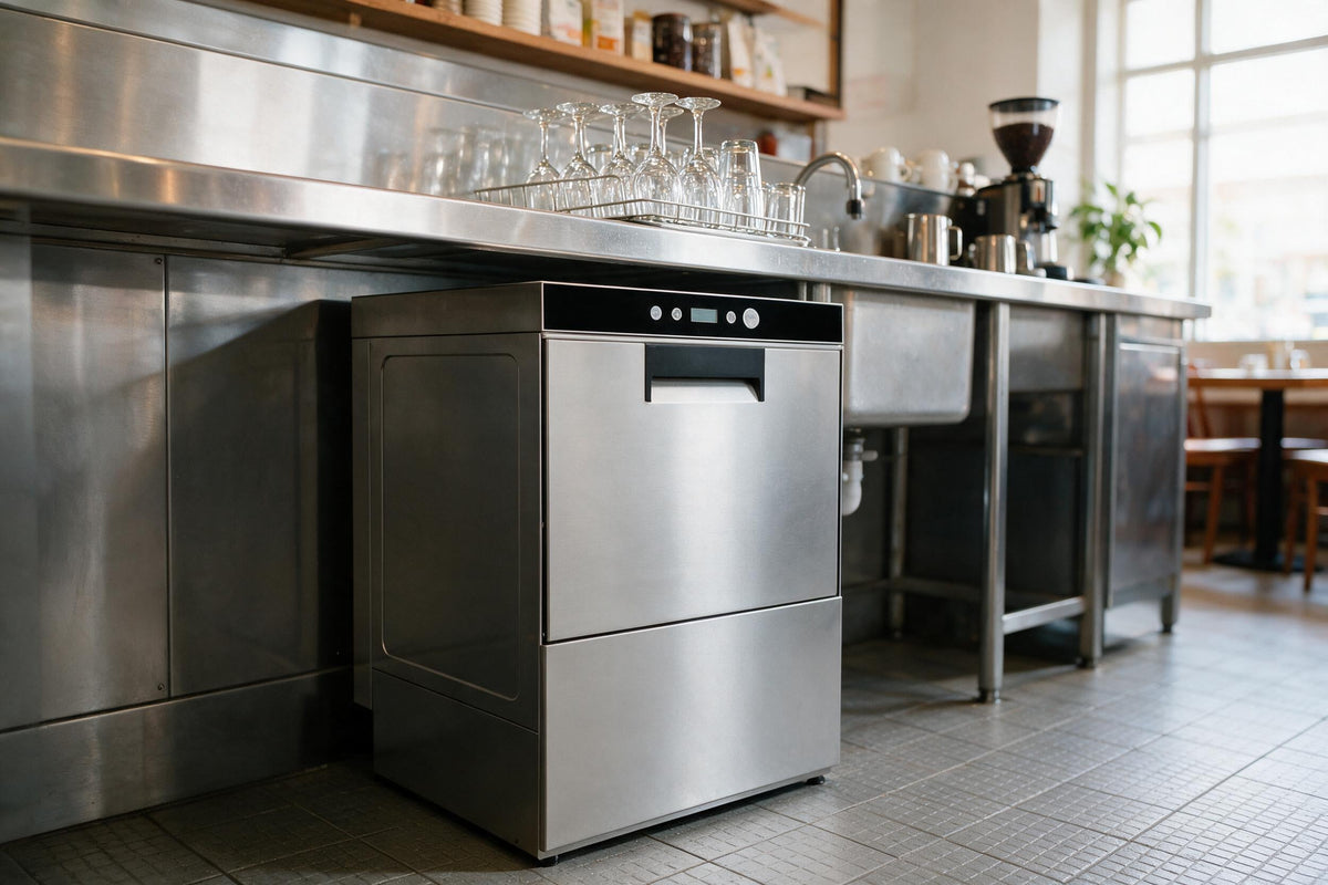 Stainless steel undercounter commercial dishwasher installed in a cafe dishwashing station with clean glassware above