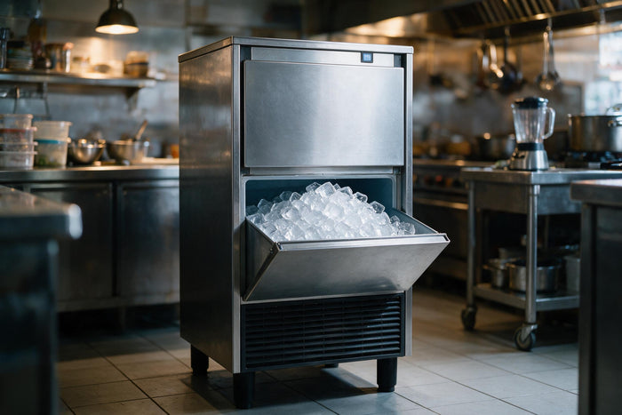 Stainless steel self-contained commercial ice machine with its bin open and full of cube ice in a working kitchen