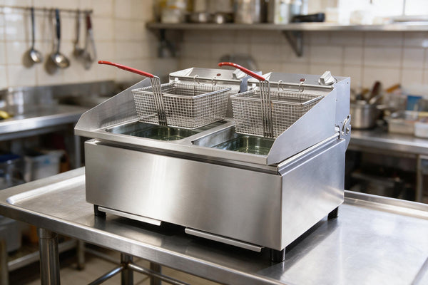 Spotlessly clean twin pan commercial deep fryer with fresh oil and baskets on a stainless bench