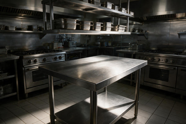 Stainless steel prep bench with undershelf in a commercial kitchen with overhead shelving and cooking ranges
