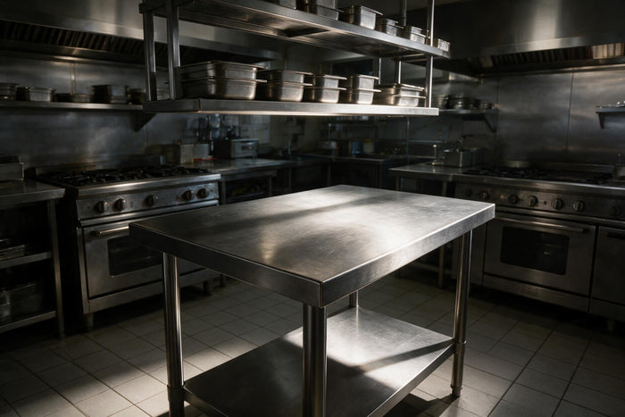 Stainless steel prep bench with undershelf in a commercial kitchen with overhead shelving and cooking ranges