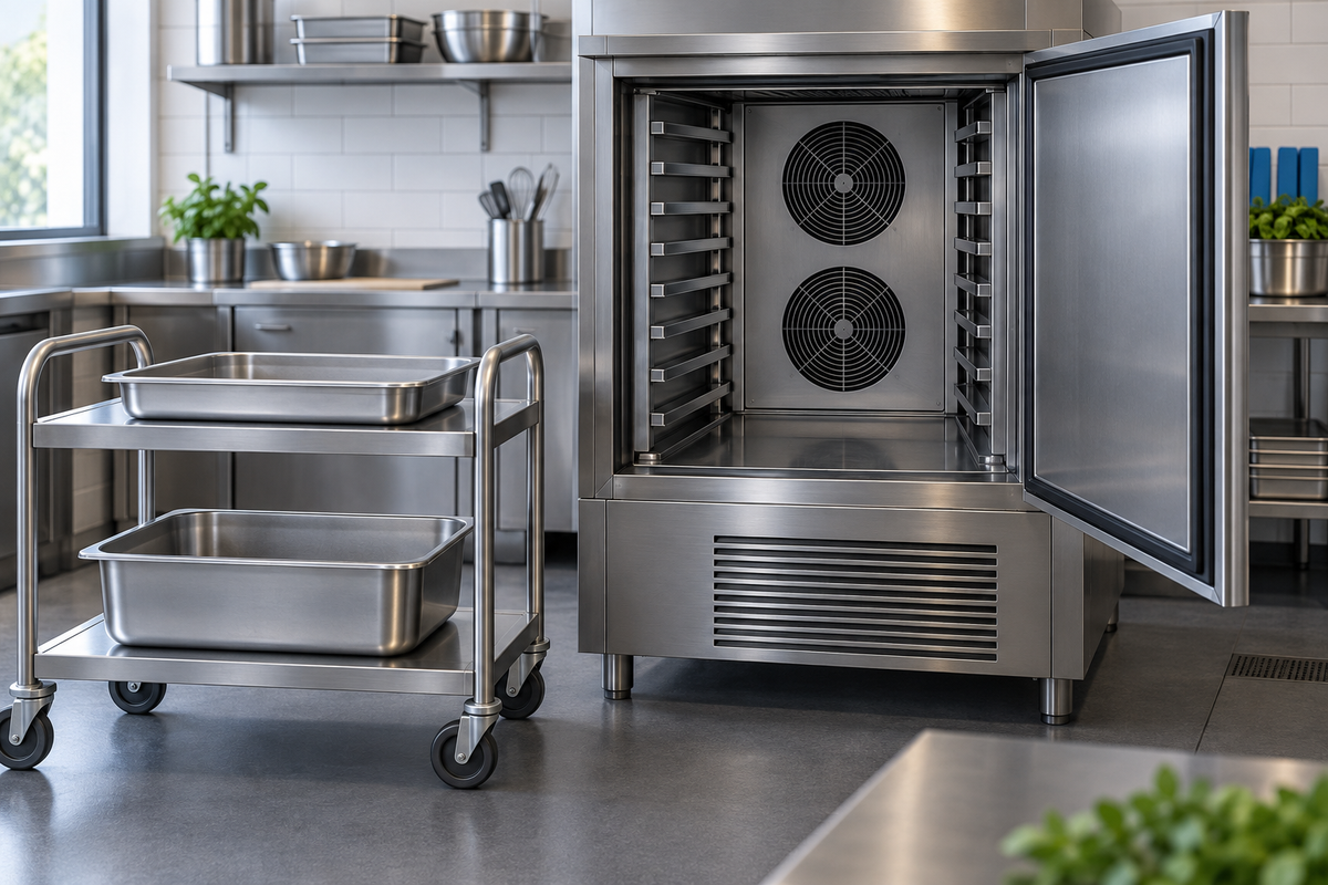 Concept illustration: Tray-loading blast chiller with an empty shallow pan and a deeper pan on a clean trolley; batch weight versus tray spaces