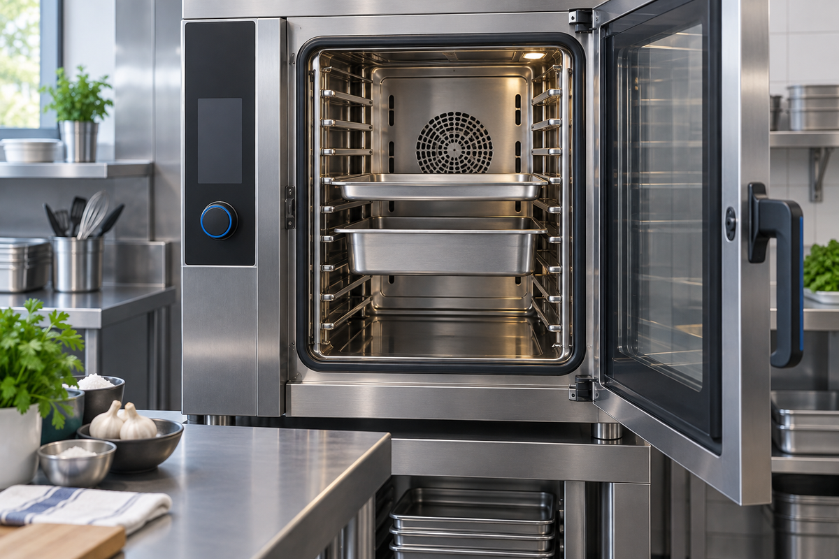 Concept illustration: Open combi oven with several evenly spaced shelf rails and one shallow tray and one taller baking tin; planning vertical tray clearance