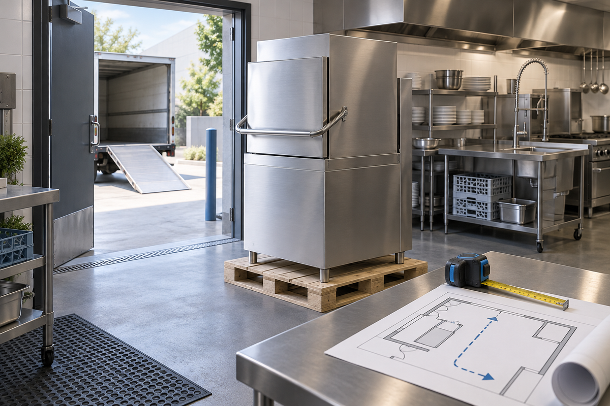 Concept illustration: Commercial dishwasher on a pallet beside an open delivery doorway with a measuring tape and route sketch without writing; delivery access