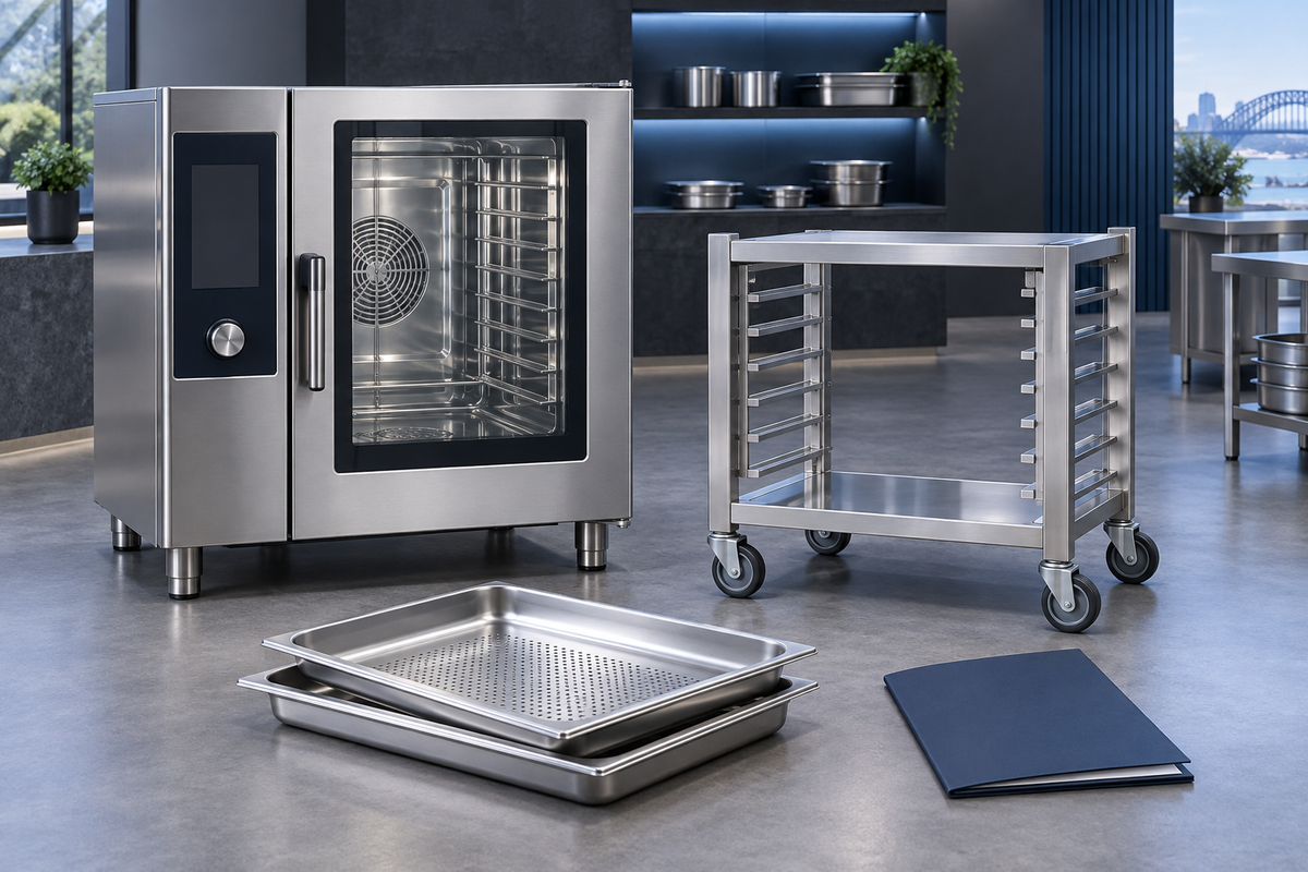Concept illustration of a combi oven, separate stand, trays and quotation folder