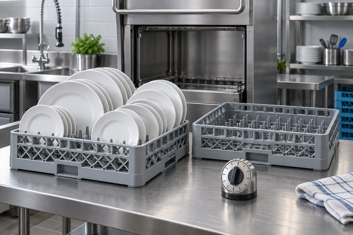 Concept illustration: Commercial dishwasher basket loaded with mixed plain plates beside a second empty basket and an unmarked mechanical kitchen timer; planning racks per service