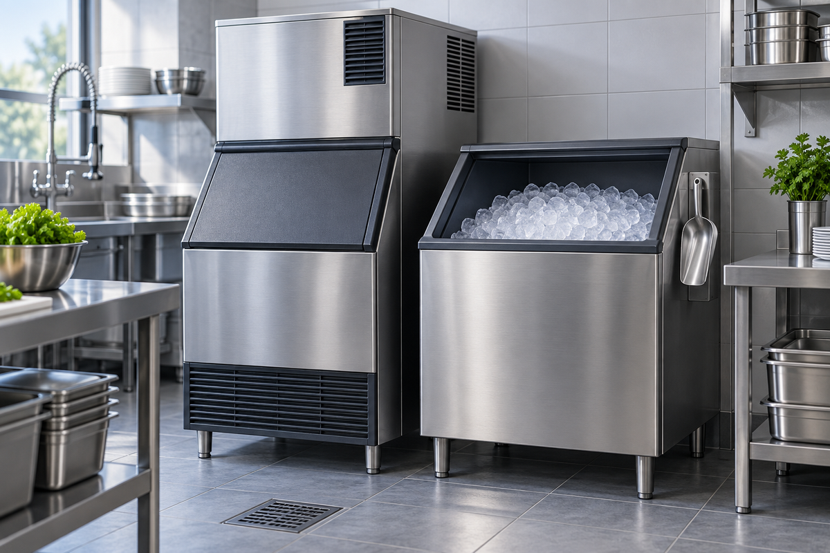 Concept illustration: Self-contained ice machine beside a separate insulated ice bin, clean scoop on a holder; production capacity versus storage