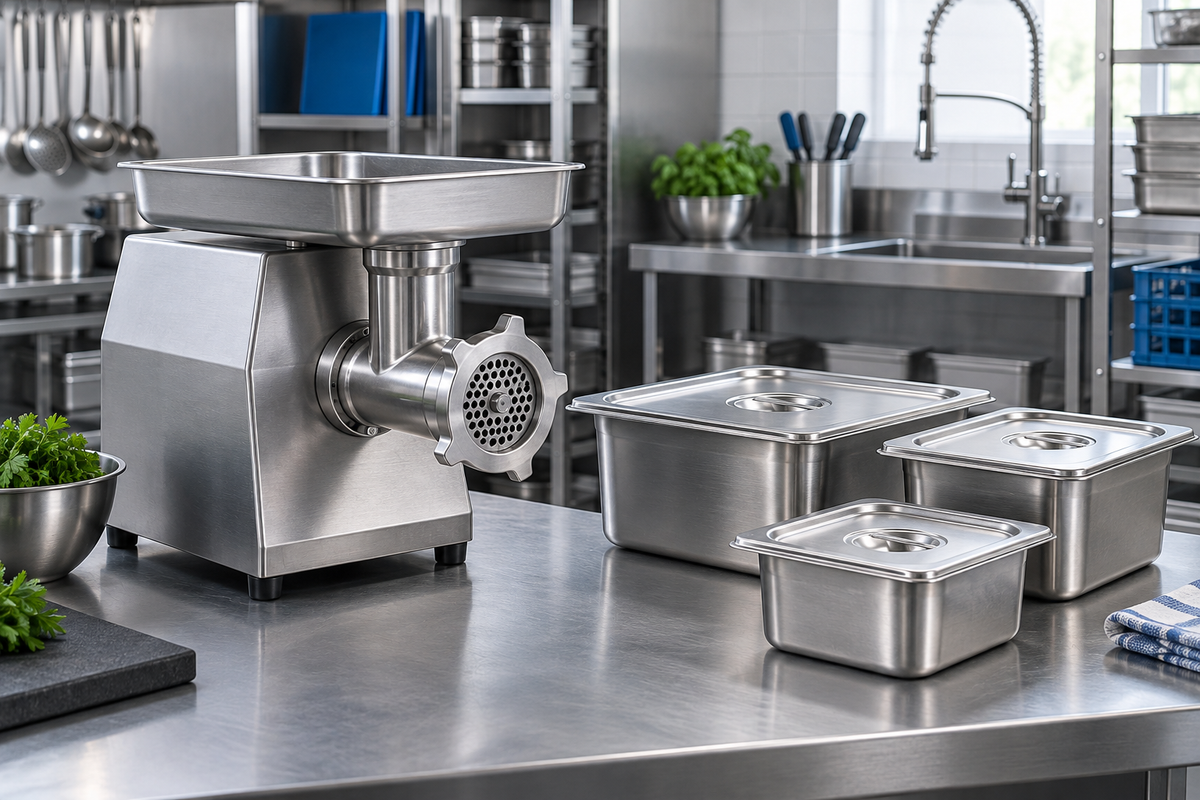 Concept illustration: Unbranded stainless commercial meat mincer beside separate clean lidded stainless containers on a professional bench; batch workflow, no exposed meat