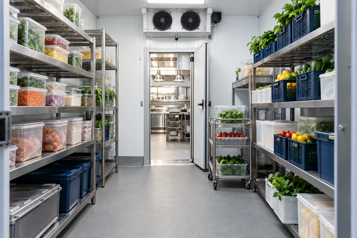 Organised commercial coolroom with stainless steel shelving and labelled food containers