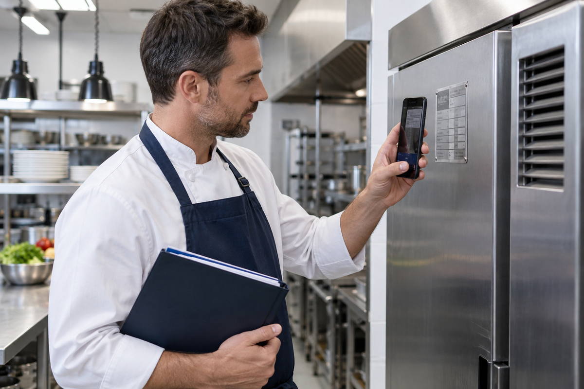 Hospitality manager recording the serial number on a commercial kitchen appliance data plate