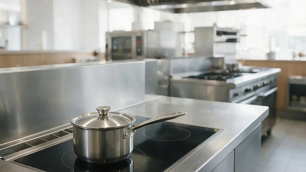 Induction cooktop built into a stainless steel bench in a commercial kitchen, with a gas range behind it