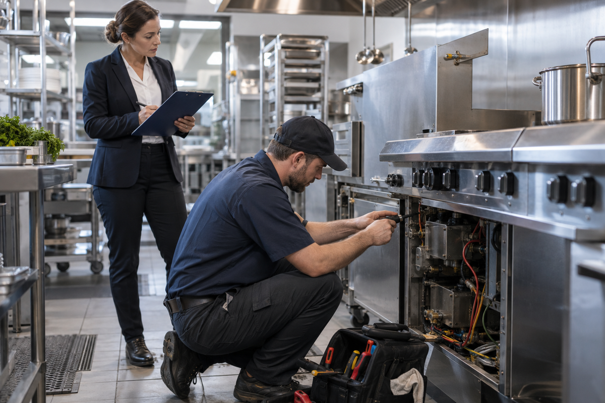 Commercial kitchen technician inspecting the controls of a stainless steel cooking appliance