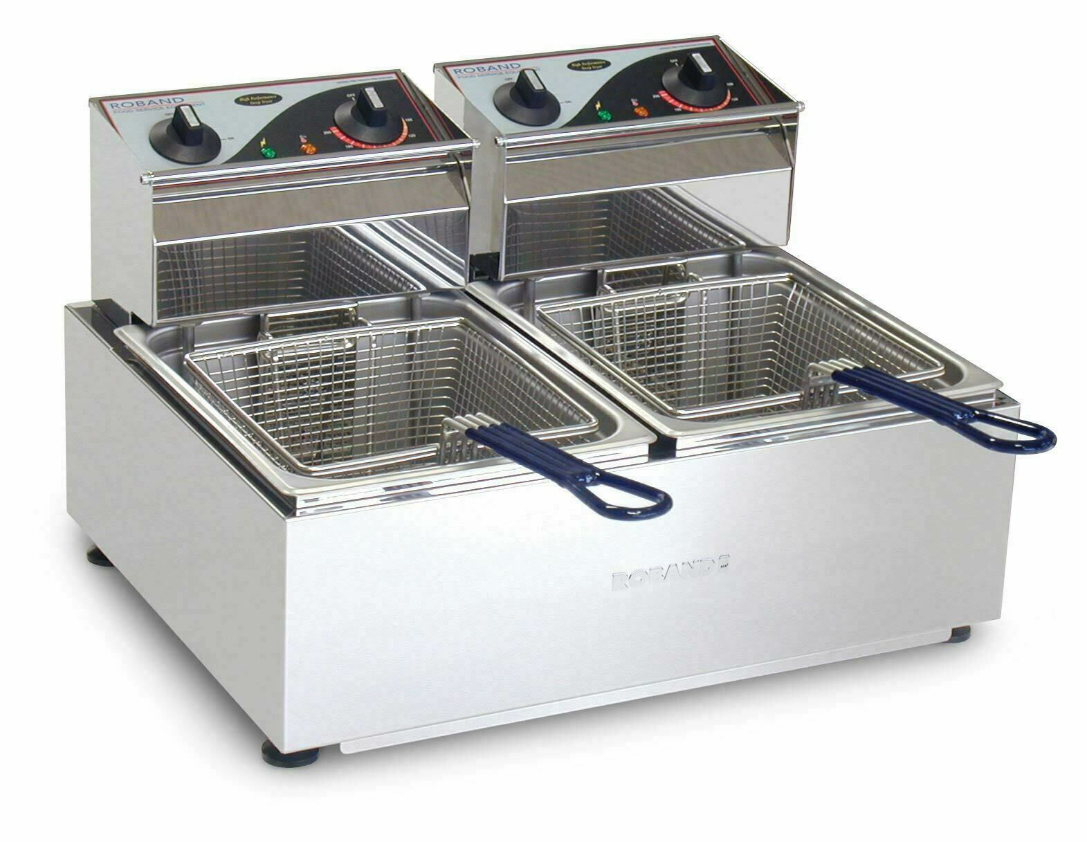 Roband Double Pan Fryer 2 x 5lt stainless fryer with dual baskets and simple controls for Double Pan Fryer use.