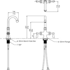 3Monkeez Stainless Steel Dual Bench Mount Tap Body with Gooseneck Spout. 1/2” FI BSP Inlet Hoses