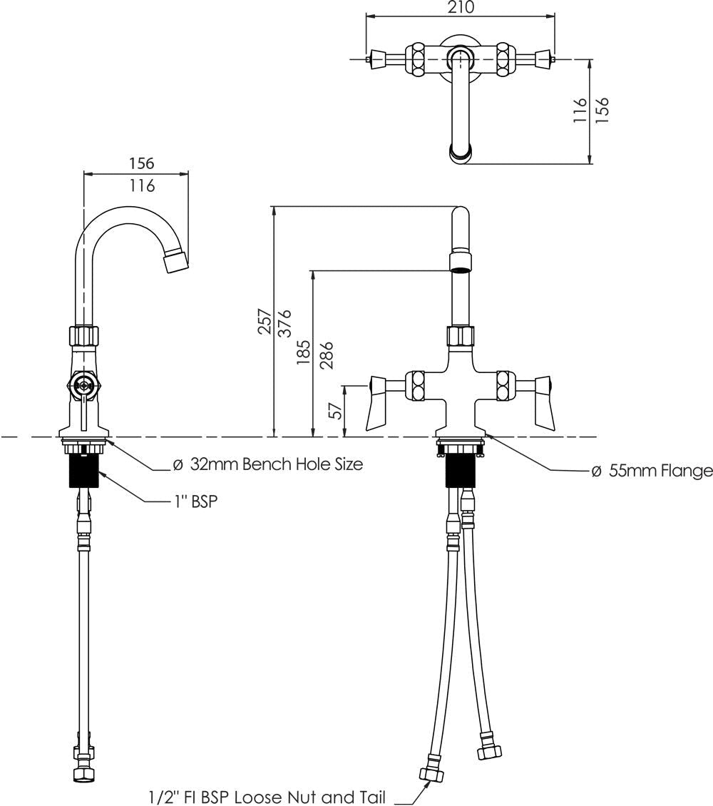 3Monkeez Stainless Steel Dual Bench Mount Tap Body with Gooseneck Spout. 1/2” FI BSP Inlet Hoses