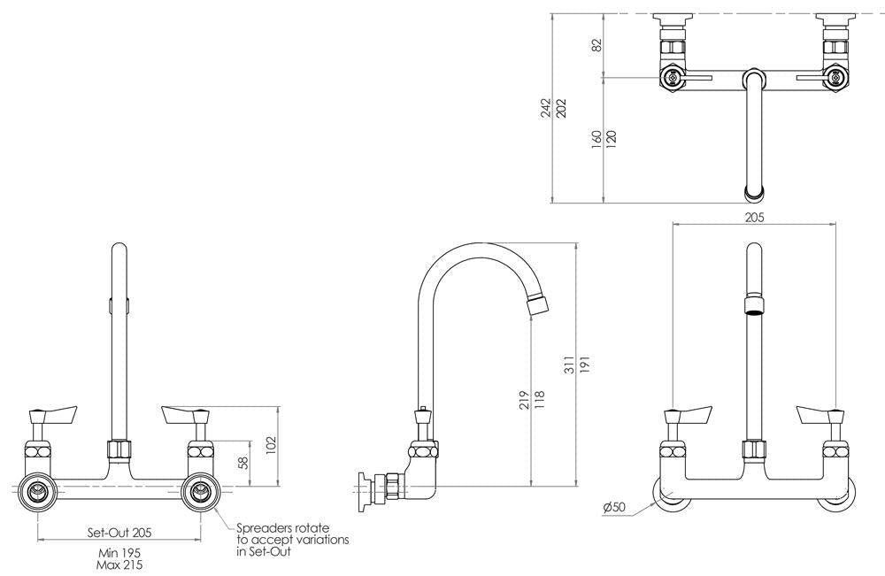 3Monkeez Stainless Steel Exposed Dual Wall Mount Tap Body with Gooseneck Spout