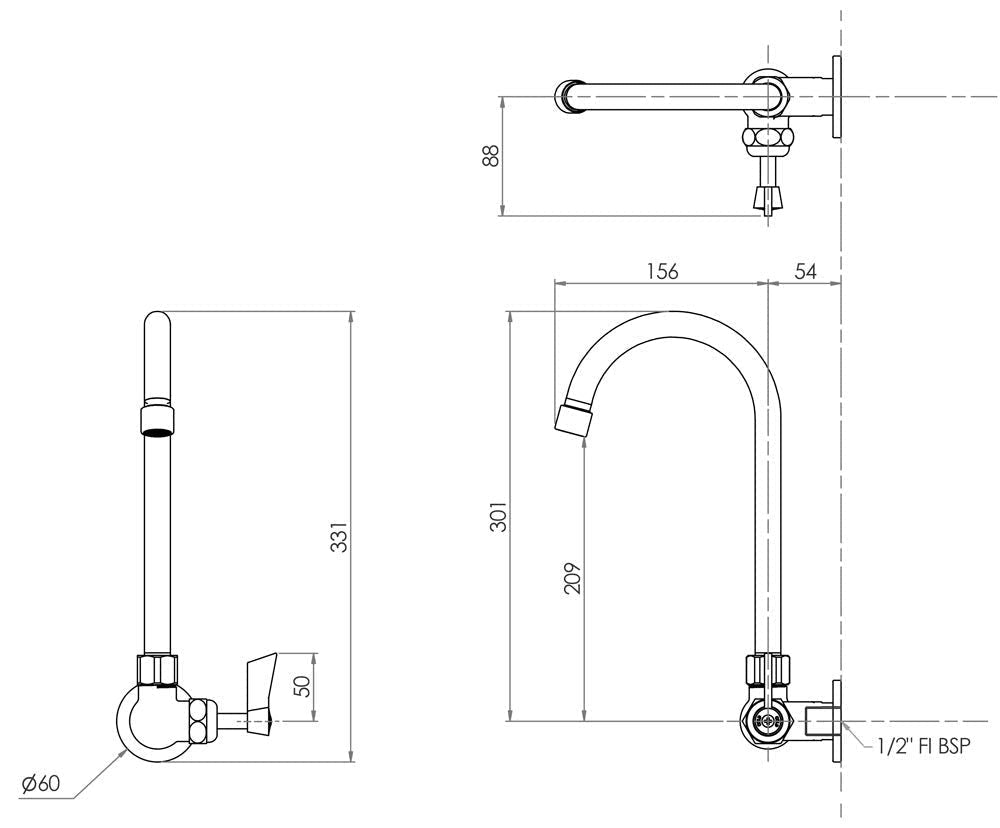 3Monkeez Stainless Steel Single Wall Mount Body with Single Control Gooseneck Swivel Spout