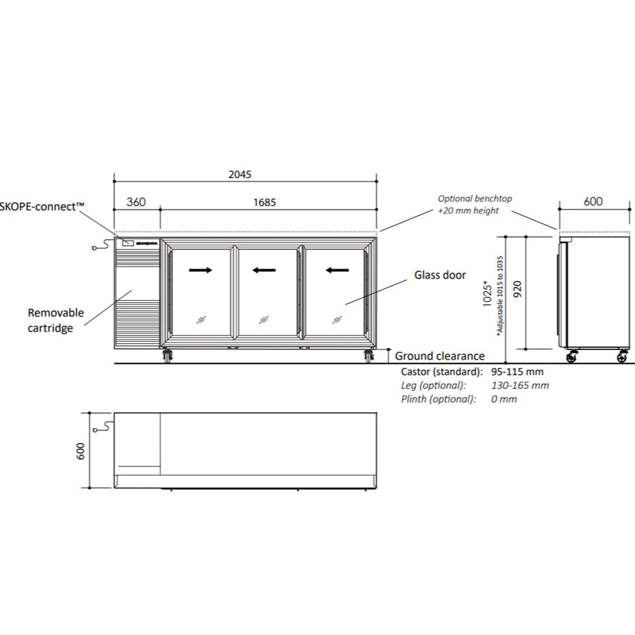 Skope BackBar 3 Glass Sliding Door Fridge BB.3.GSL