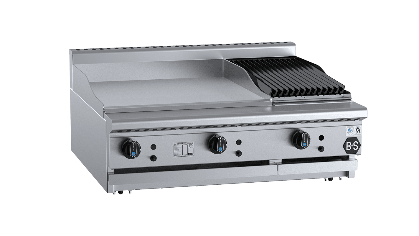 B+S Black Combination 600mm Grill Plate & 300mm Char Broiler Bench Mounted LPG