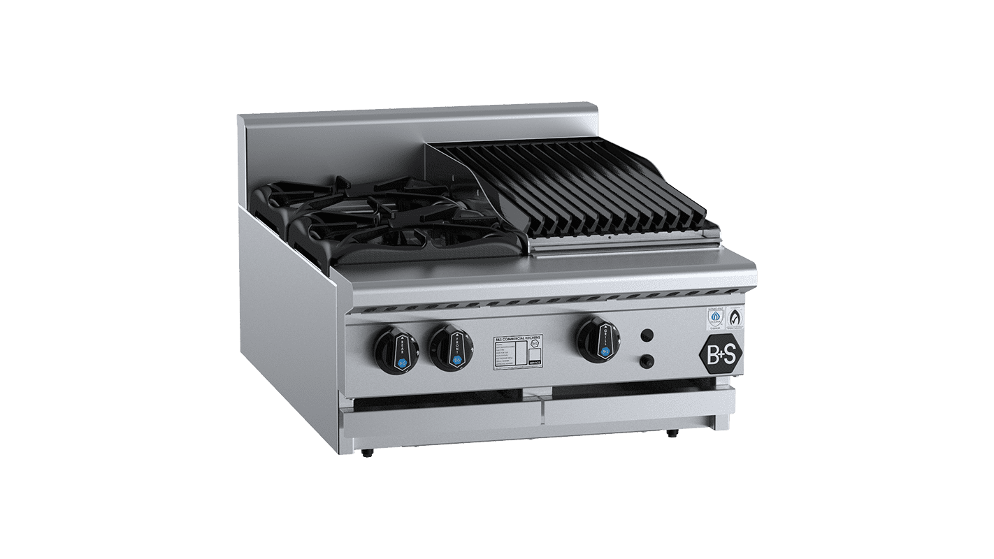 B+S Black Combination Two Open Burners & 300mm Char Broiler Bench Mounted LPG