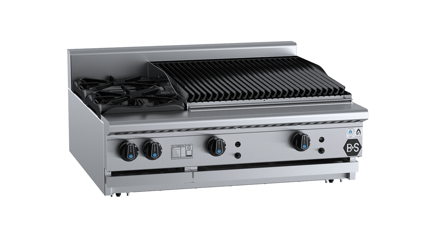 B+S Black Combination Two Open Burners & 600mm Char Broiler Bench Mounted Natural Gas