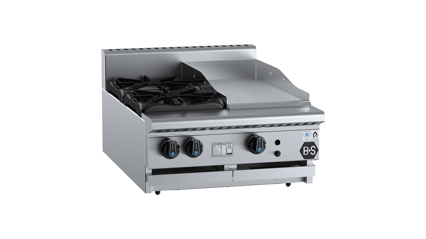 B+S Black Combination Two Open Burners & 300mm Grill Plate Bench Mounted Natural Gas