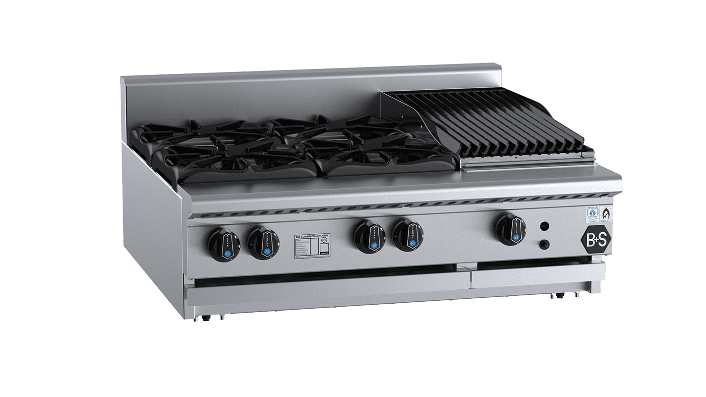 B+S Black Combination Four Open Burners & 300mm Char Broiler Bench Mounted LPG