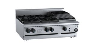 B+S Black Combination Four Open Burners & 300mm Char Broiler Bench Mounted LPG