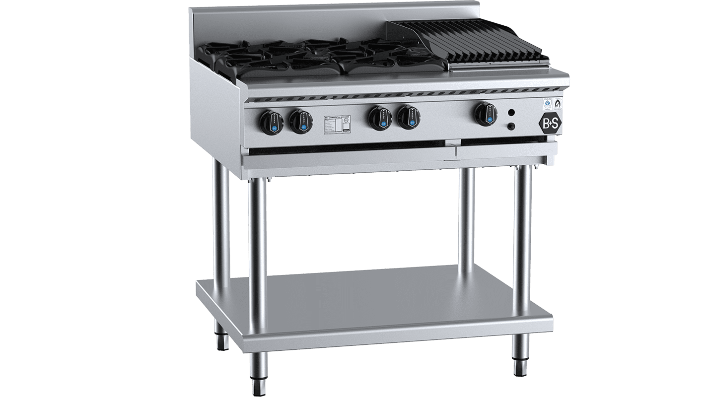 B+S Black Combination Four Open Burners & 300mm Char Broiler Natural Gas