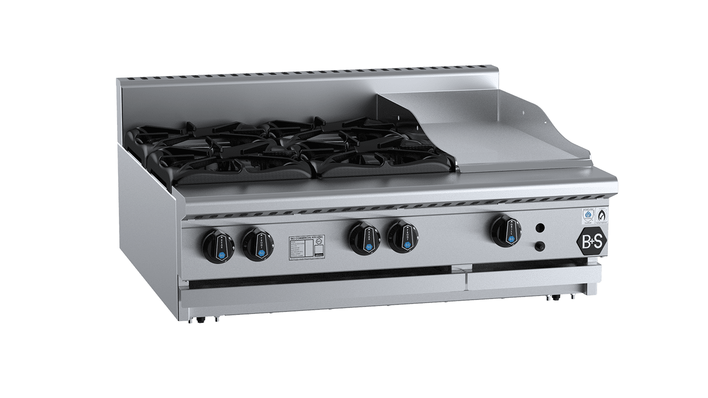 B+S Black Combination Four Open Burners & 300mm Grill Plate Bench Mounted Natural Gas