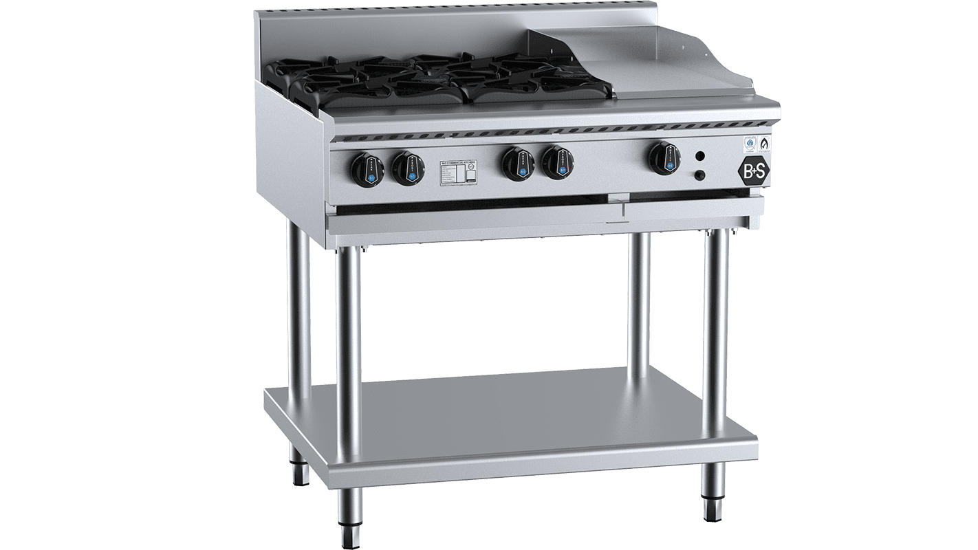 B+S Black Combination Four Open Burners & 300mm Grill Plate Natural Gas