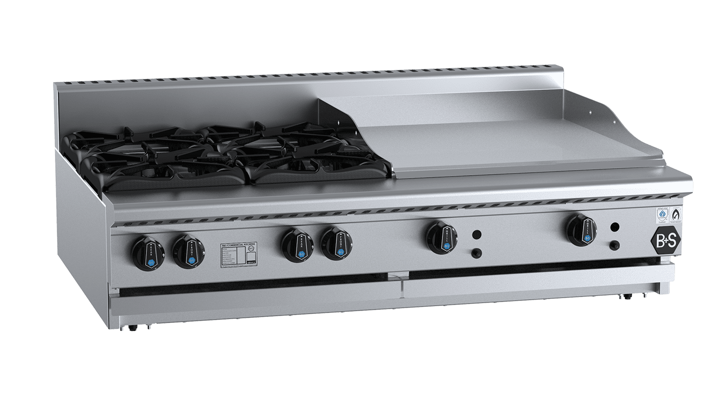 B+S Black Combination Four Open Burners & 600 mm Grill Plate Bench Mounted LPG