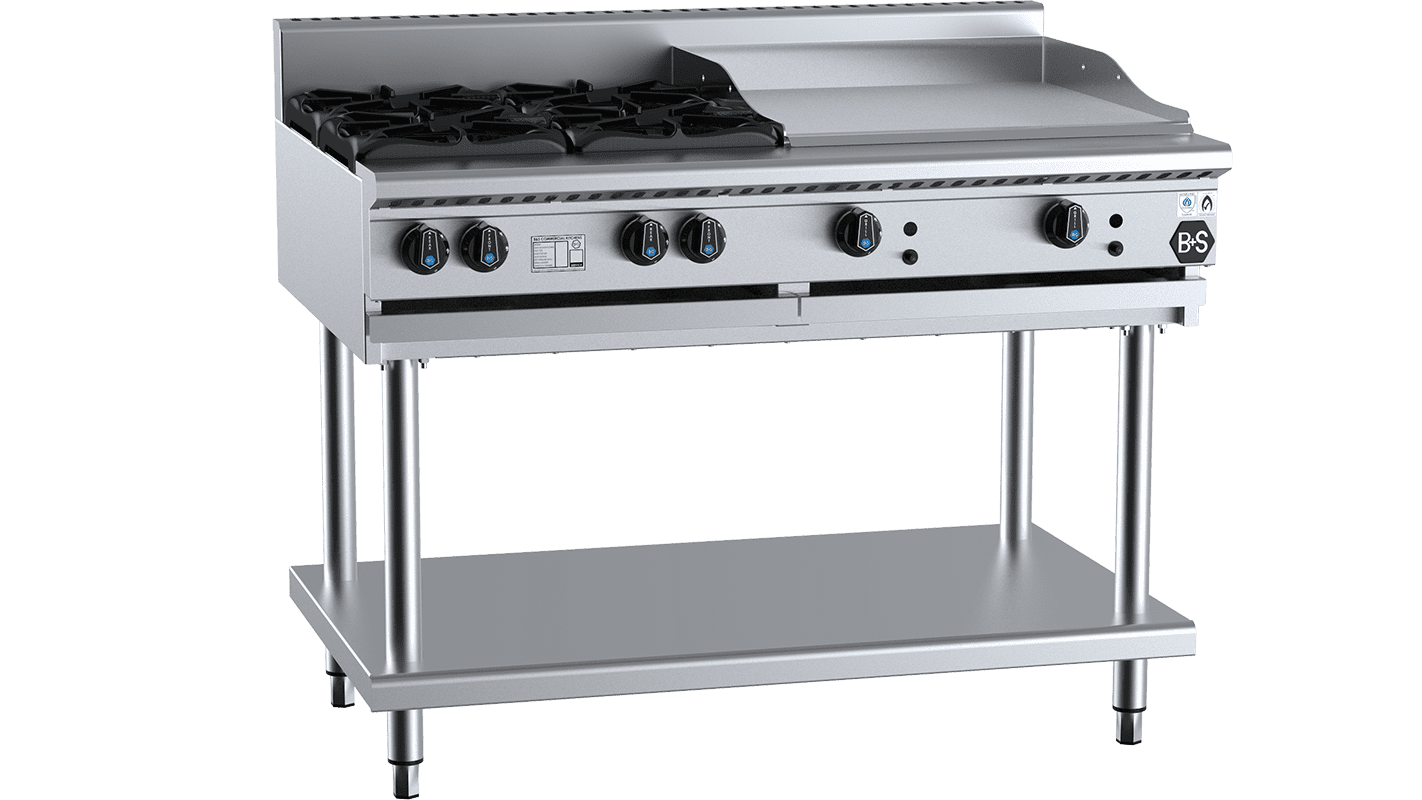 B+S Black Combination Four Open Burners & 600mm Grill Plate Natural Gas