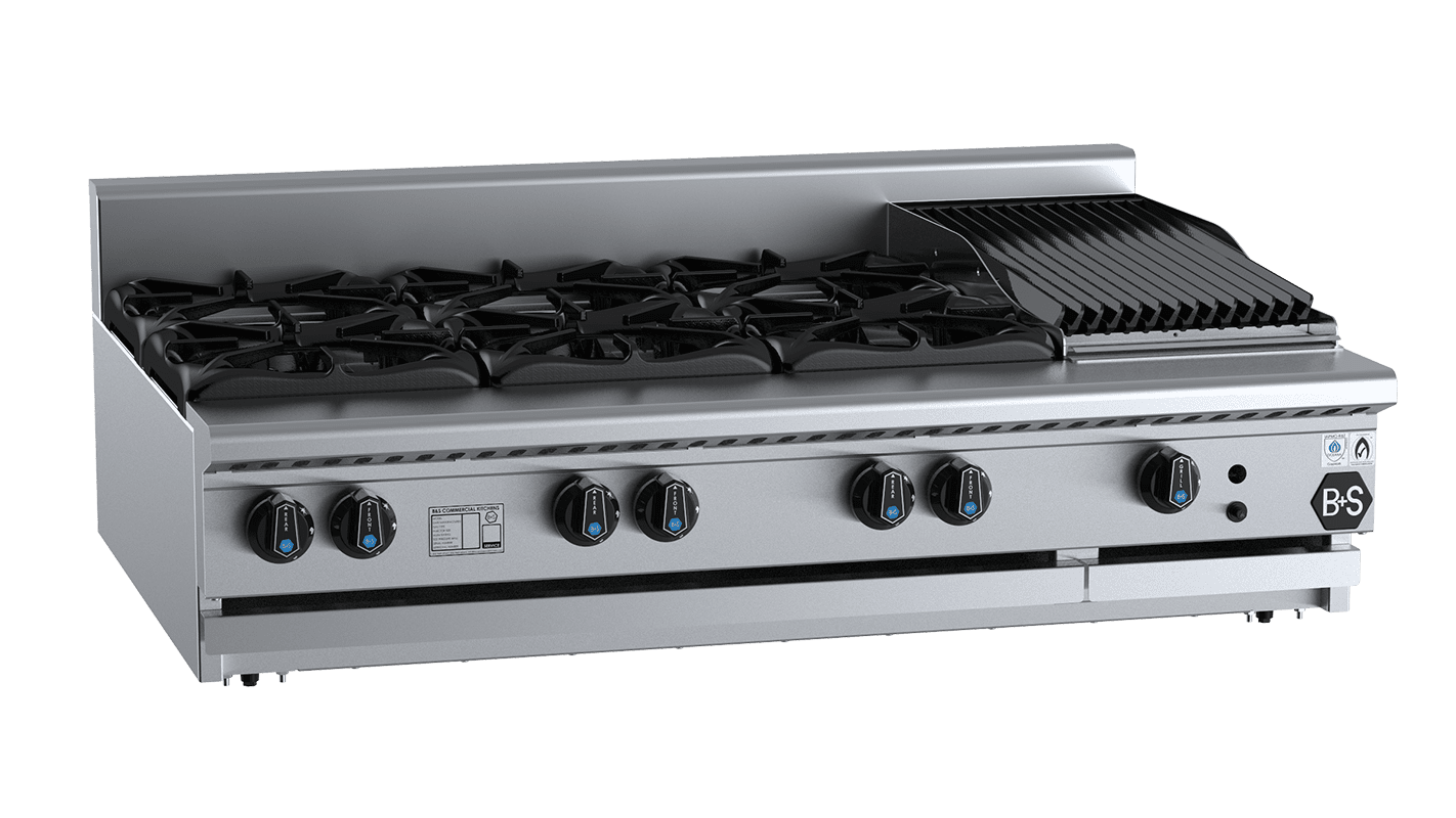 B+S Black Combination Six Open Burners & 300mm Char Broiler Bench Mounted Natural Gas