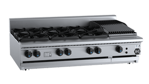 B+S Black Combination Six Open Burners & 300mm Char Broiler Bench Mounted Natural Gas