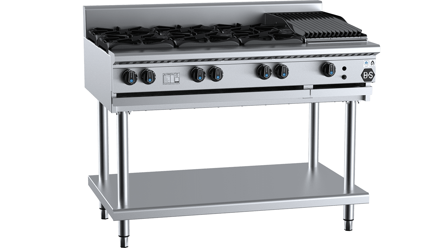 B+S Black Combination Six Open Burners & 300mm Char Broiler LPG