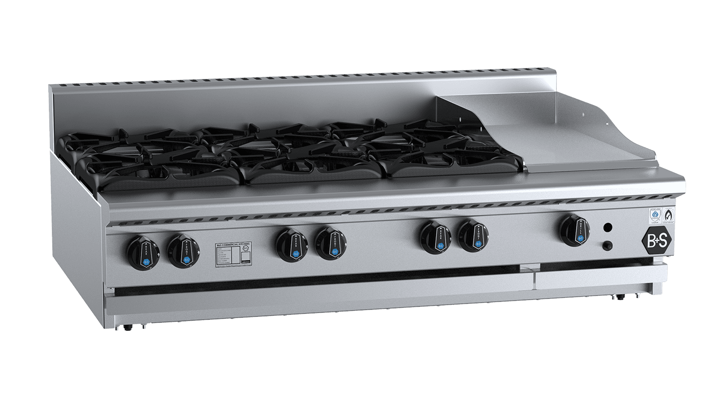 B+S Black Combination Six Open Burners & 300mm Grill Plate Bench Mounted Natural Gas