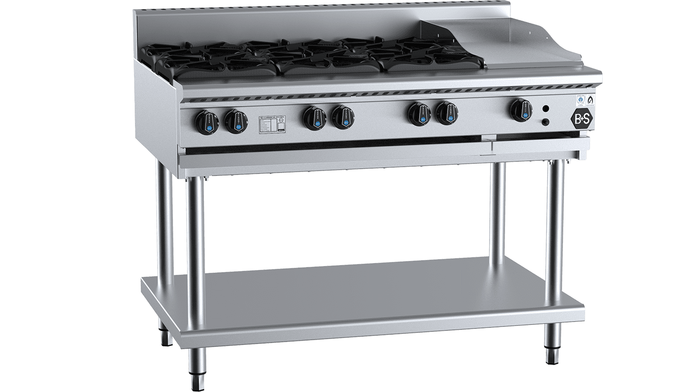 B+S Black Combination Six Open Burners & 300mm Grill Plate Natural Gas