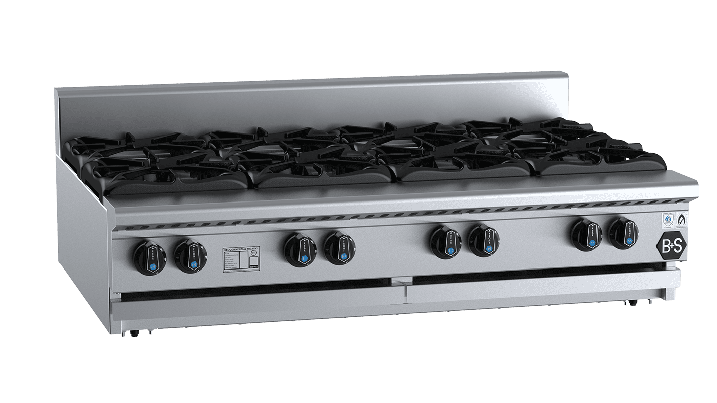 B+S Black Benchtop Eight Burner Boiling Top Cooktop Open Burner Bench Mounted LPG