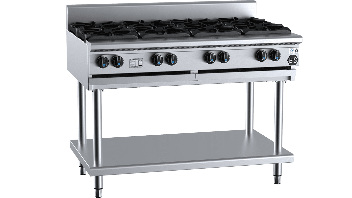 B+S Black Eight Burner Boiling Top Cooktop With Stand LPG