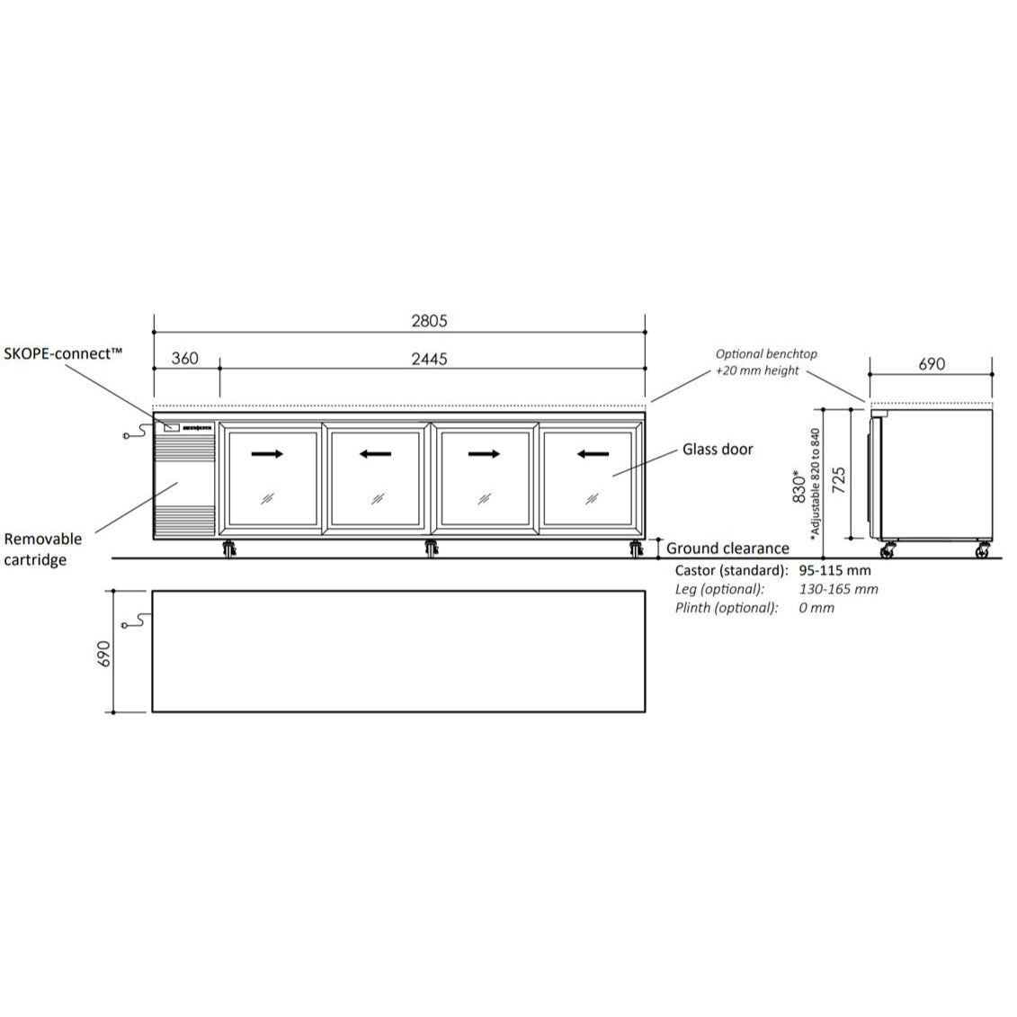 Skope BackBar 4 Glass Sliding Door CounterLine Fridge CL.4.GSL