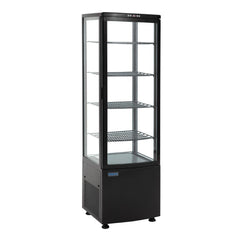 A tall black Polar C-Series curved door display fridge with glass sides and multiple shelves inside.